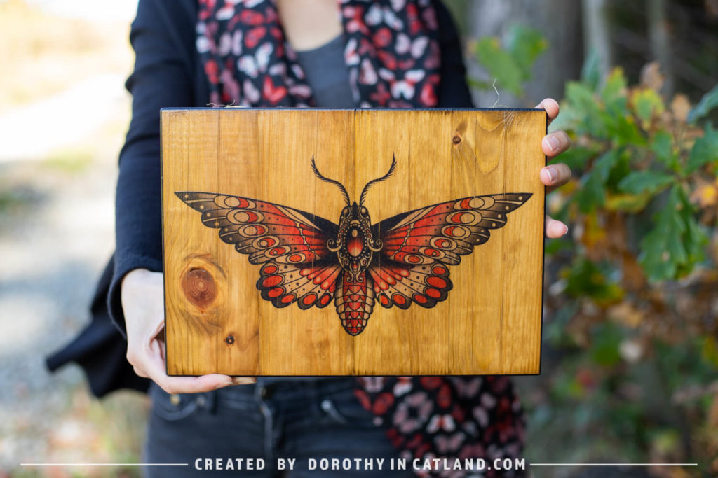 Dorothy in Catland - wall decor with red moth art - Drewniany obrazek z czerwoną ćmą
