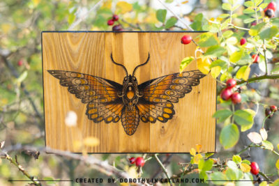 Dorothy in Catland - wooden picture with yellow moth art - moth graphics for women - picture for a daughter