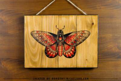 Dorothy in Catland - wooden picture with red butterfly - oldschool tattoo butterfly - Drewniany obrazek z czerwonym motylem