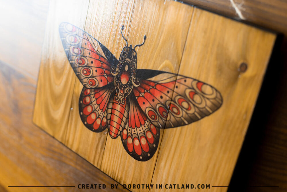 Dorothy in Catland - wooden picture with beautiful red butterfly art - Drewniany obrazek z czerwonym motylem - prezent na urodziny