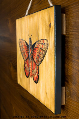 Dorothy in Catland - wooden picture with red butterfly