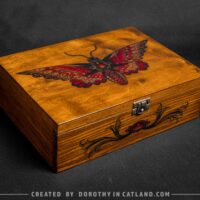 Dorothy-in-Catland-brown-box-with-red-moth - duża brązowa skrzynka