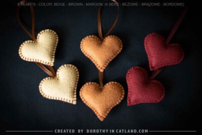 Dorothy in Catland - hearts 6pcs - beige brown maroon - zawieszki - ozdobne serca - Colourful hearts – hanging ornaments