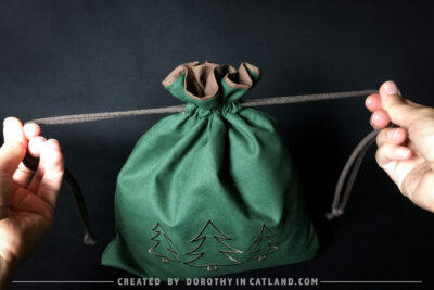 Dorothy in Catland - Green drawstring bag with Holiday tree - Christmas trees