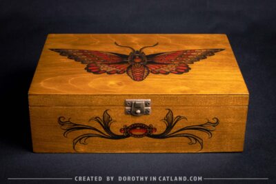 Dorothy in Catland - Wooden box with moth and 4 compartments - Drewniana skrzynka z ćmą i 4 przegródkami