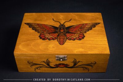 Dorothy in Catland - Wooden box with moth and 4 compartments - Drewniana skrzynka z ćmą i 4 przegródkami